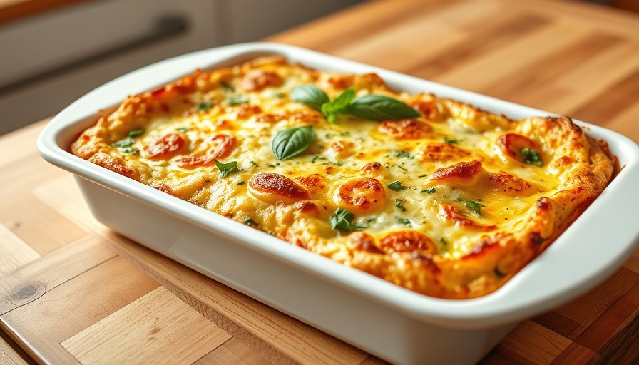 Zucchini Strata with Basil and Cheese in a white baking dish.