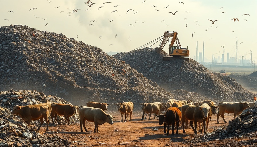 Landfill with machinery and livestock, illustrating methane emissions.
