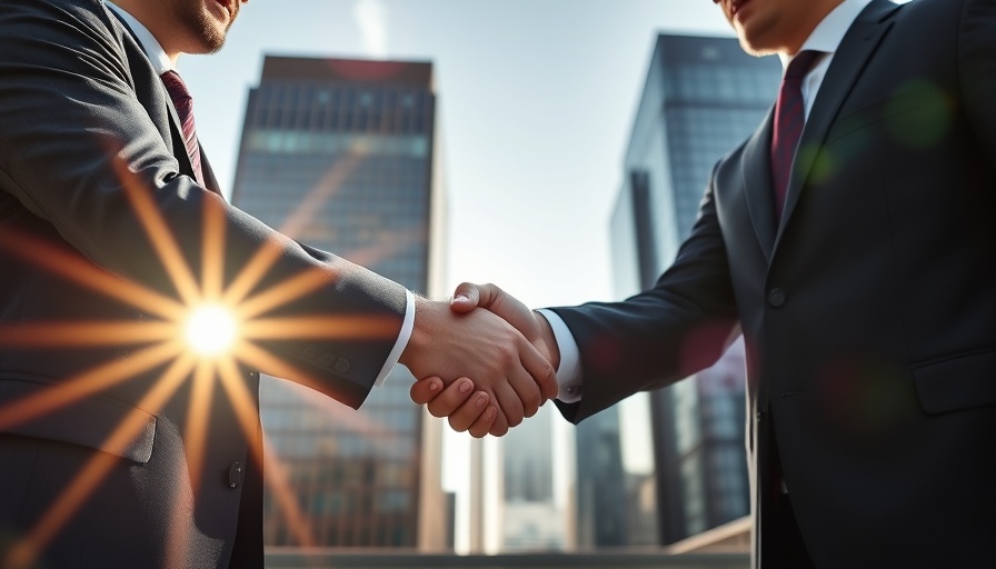 FAA BVLOS Drone Operations business handshake in urban cityscape with sunlight.