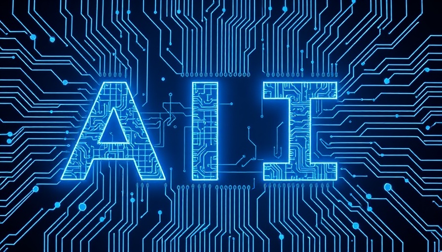 AI digital concept with circuits and glowing lines on dark blue.