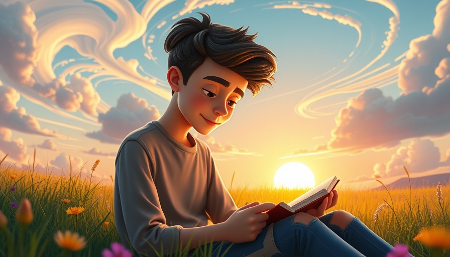 Young man peacefully writing in a colorful meadow, planning without panic.