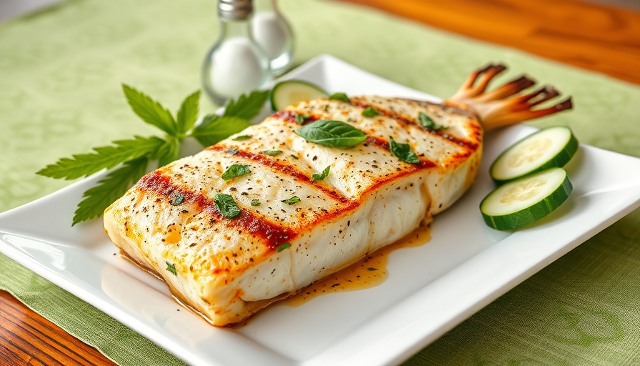 Grilled Cod with Garlic and Basil on white plate with cucumbers.