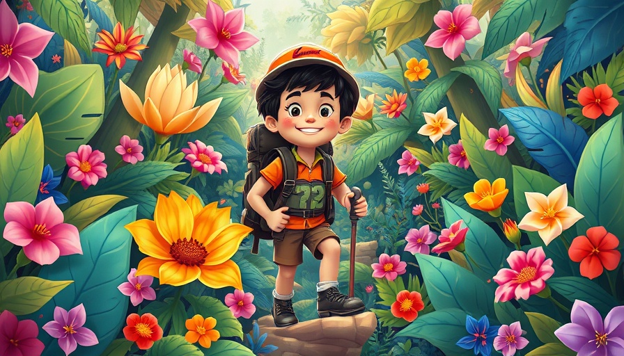 Whimsical hiker exploring lush plants, cartoon style, colorful setting.