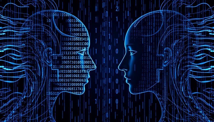 AI-Enhanced Cybersecurity Solutions concept with binary code faces in dark background.