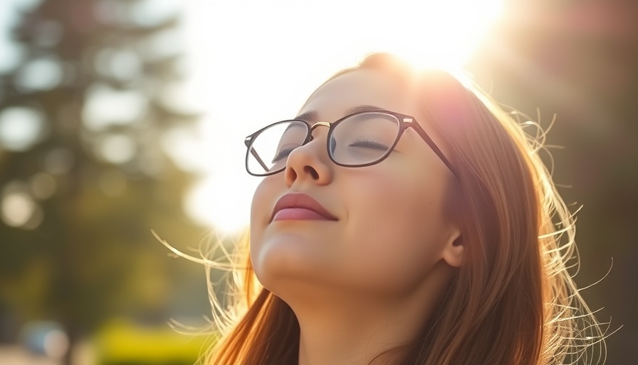 Serene woman calming nerves at work outdoors in sunlight