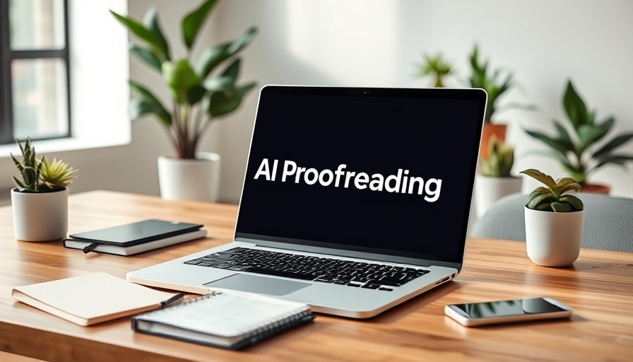 Modern workspace with laptop displaying AI proofreading tool.