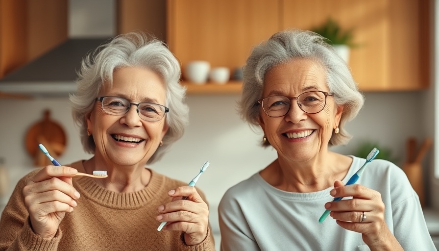 Happy older adults promoting the importance of oral health with toothbrushes.