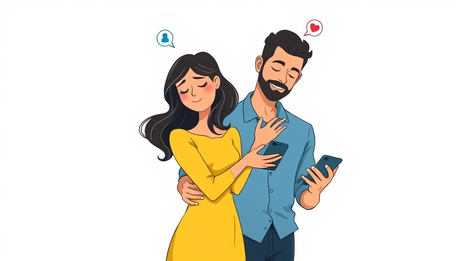 Cartoon couple distracted by phones, showing digital habits.