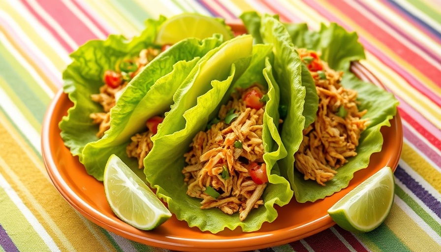 Spicy shredded chicken lettuce wrap tacos with avocado.