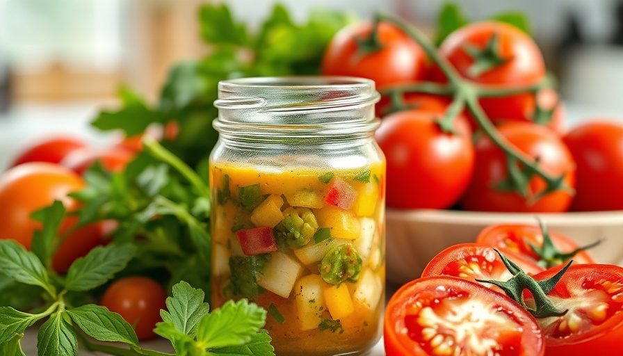Vibrant Greek salad dressing jar with fresh tomatoes, bright kitchen.