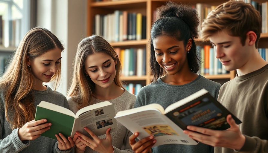 Group of young adults reading together in a library, reflecting the healing power of reading.