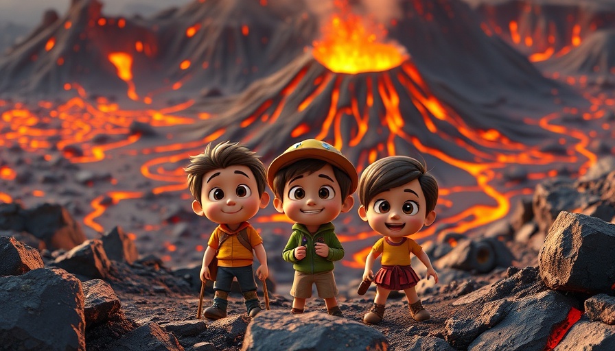 Cartoon characters exploring volcanic landscape in AI-generated game controversy.