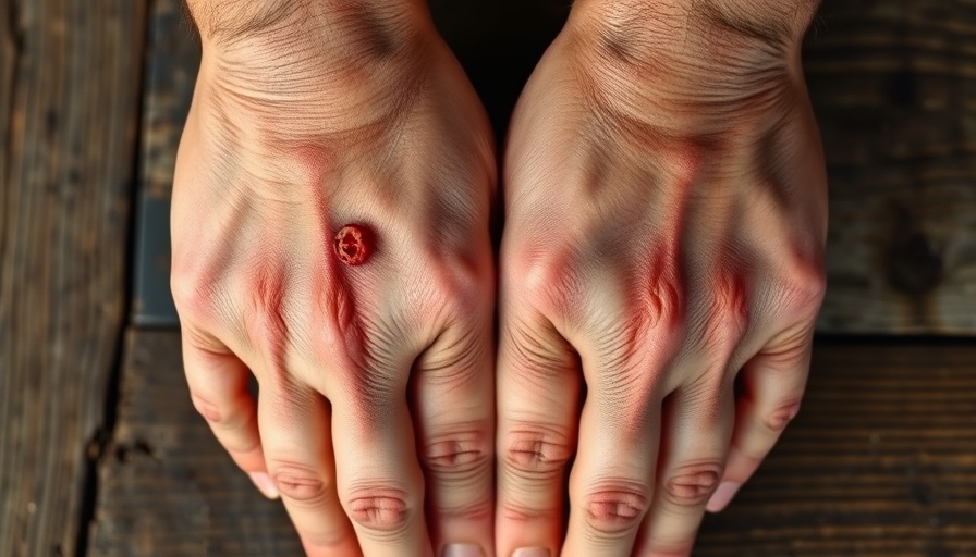 Close-up of hands showing Mpox virus lesions on skin.