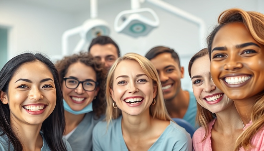 Diverse smiling group in dental office sharing oral health tips.