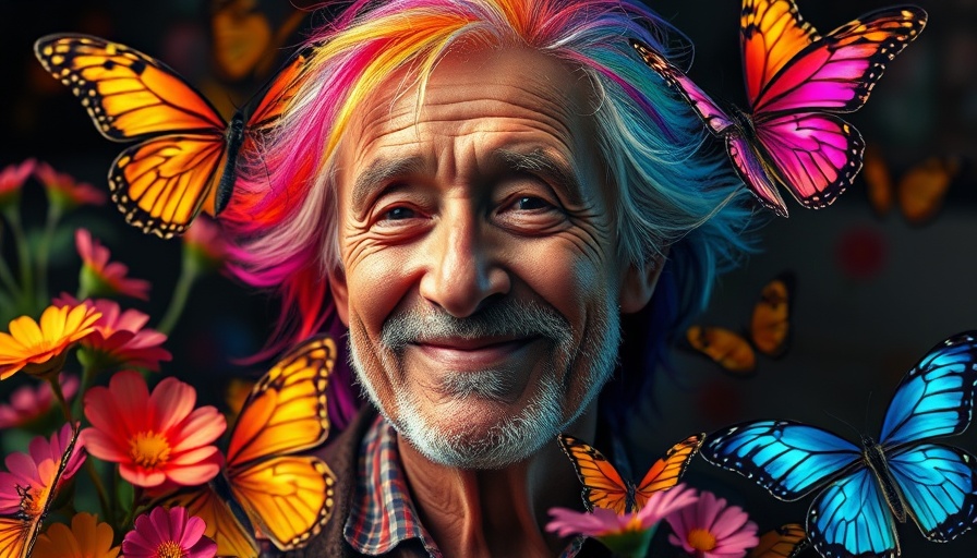 Colorful portrait of a serene man overcoming resentment surrounded by butterflies.