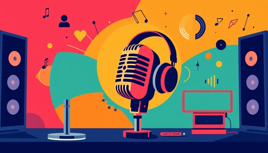 Broadcast theme illustration with microphones and headset.