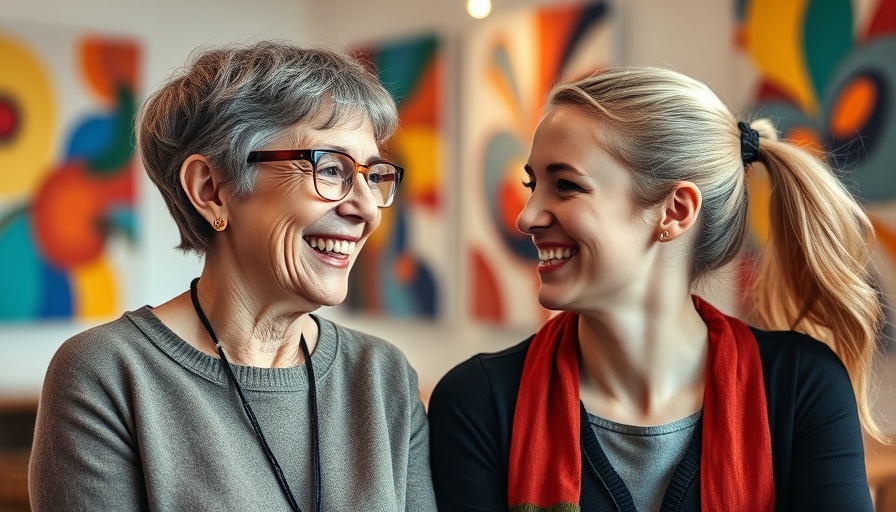 Happy elder woman with companion smiles indoors; elder homelessness crisis.