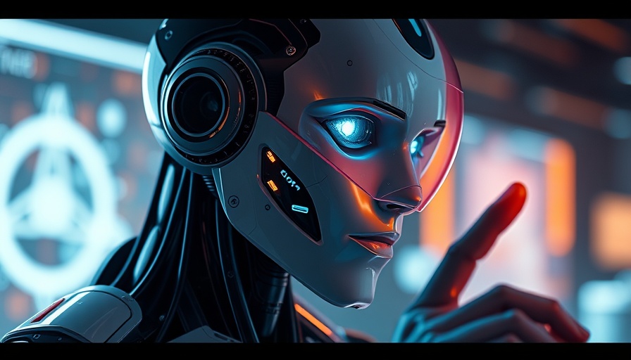 AI robot exploring interface with question symbol, futuristic theme.
