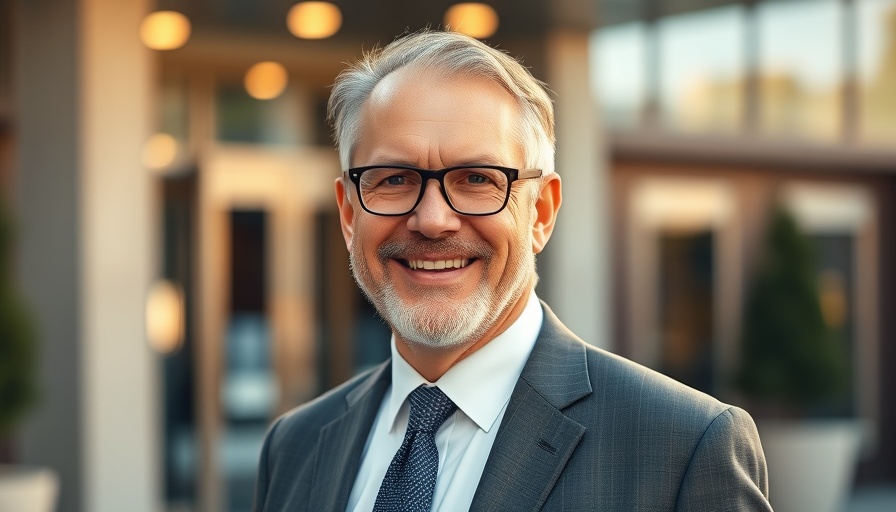 Middle-aged man smiling confidently in sunlight.