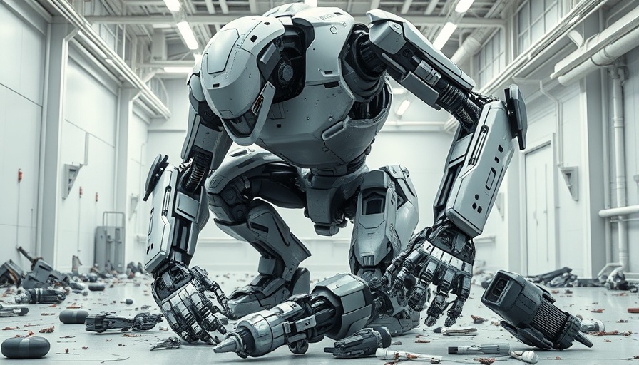 Humanoid robot consuming smaller robot in industrial setting.