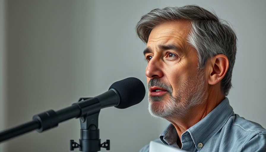 Trust your gut in AI: thoughtful man speaks into microphone in studio.