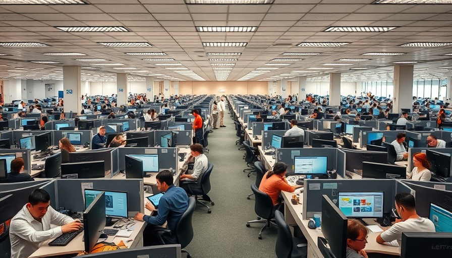 Open-plan office with workers in cubicles, bright lighting.