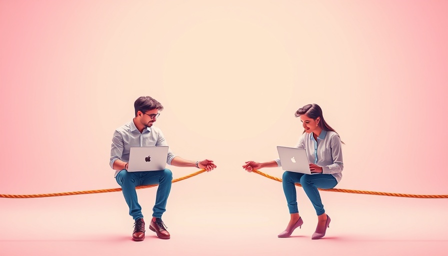 Creative illustration of competitor campaigns in paid search symbolized by a tug-of-war with laptops.