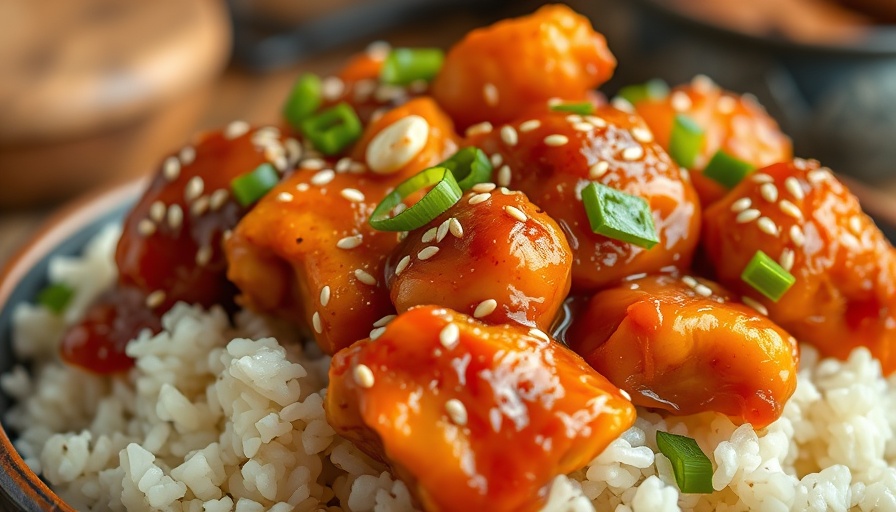 Healthy slow cooker orange chicken topped with sesame seeds and onions