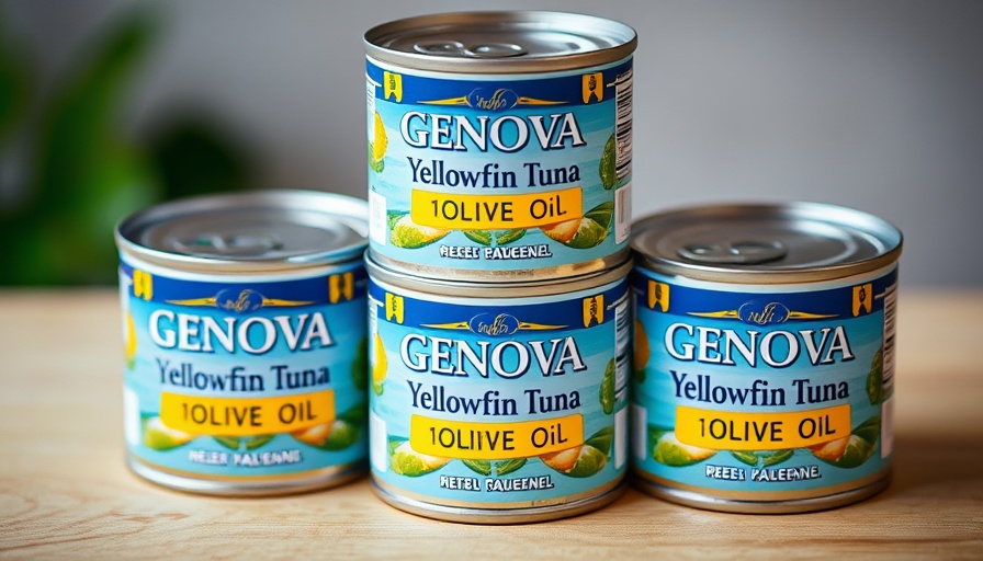 Cans of Genova Tuna in Olive Oil on wooden surface.