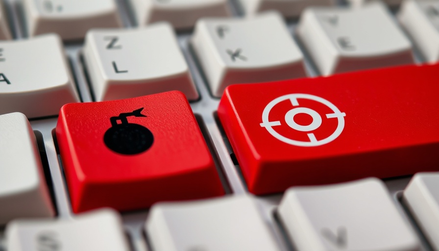 Computer keyboard with bomb and target symbols on red keys, AI theme