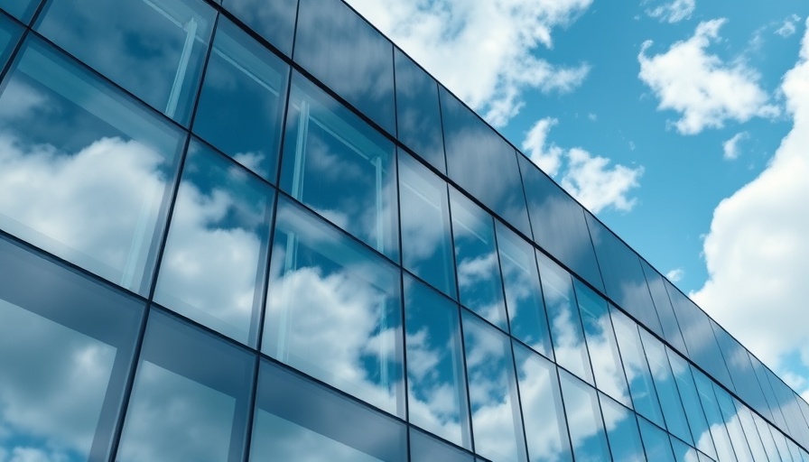 Modern glass building reflecting sky, highlighting Automated Ventilation Systems for Health.