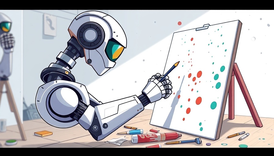 Futuristic robotic arm in a minimalist studio painting, reflecting hidden AI creativity