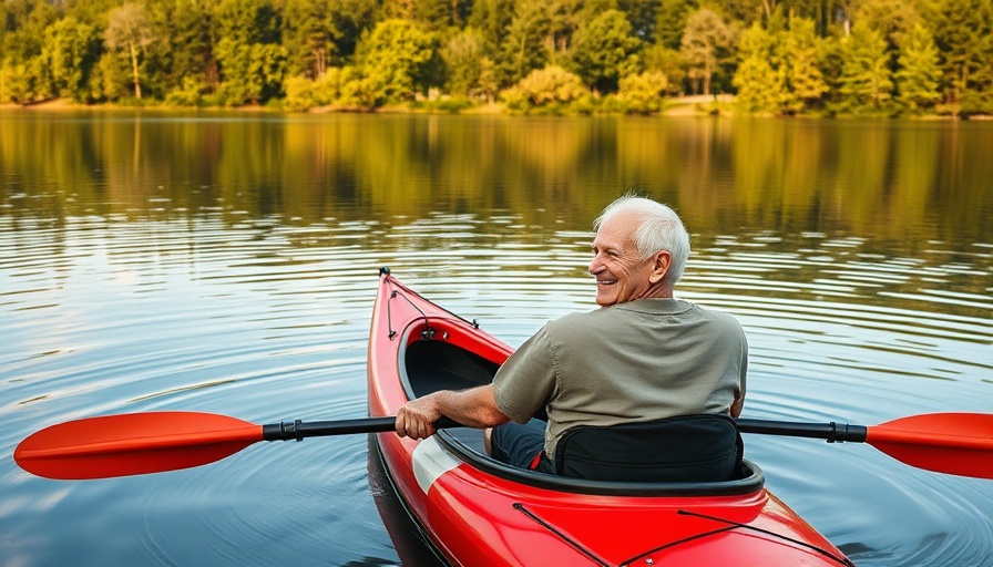 Elderly man kayaking, illustrating simplicity's health benefits.