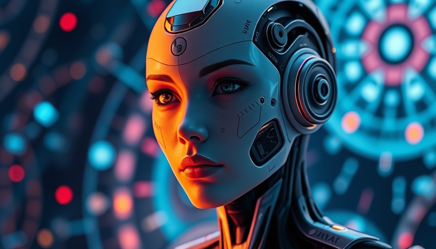 Futuristic AI humanoid with glowing tech elements.