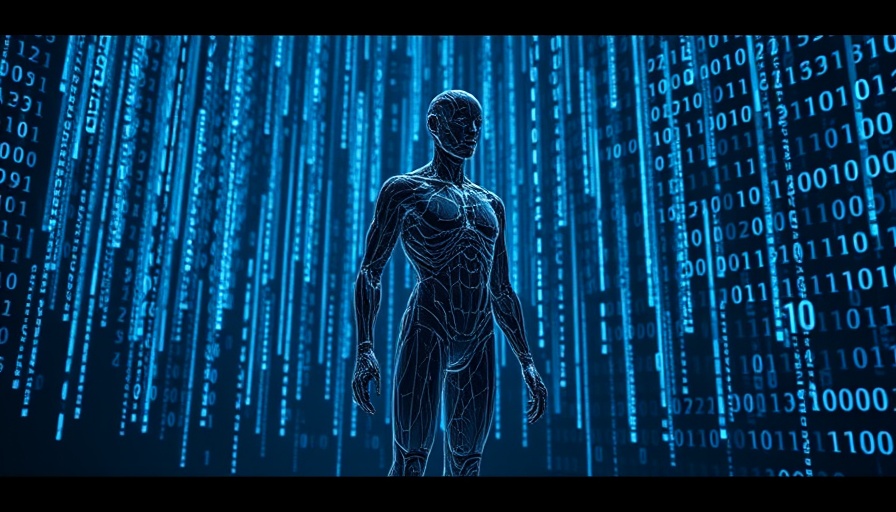 Futuristic humanoid in binary code, AI text humanizers theme.