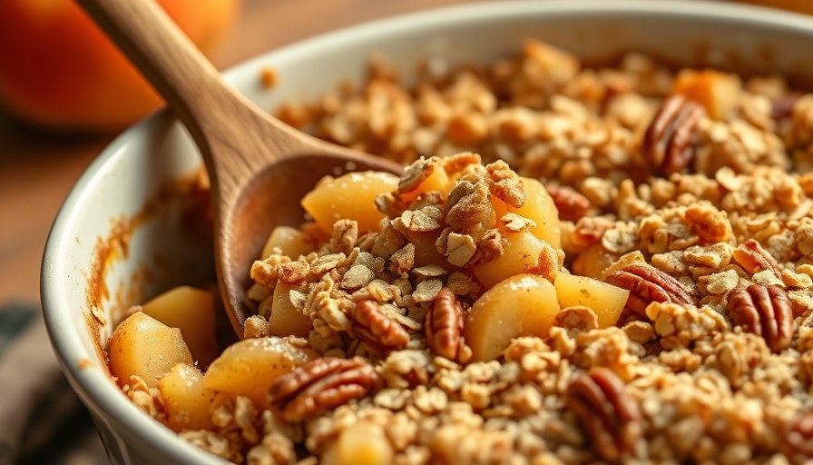 Vegan apple crisp with pecans in a white dish.