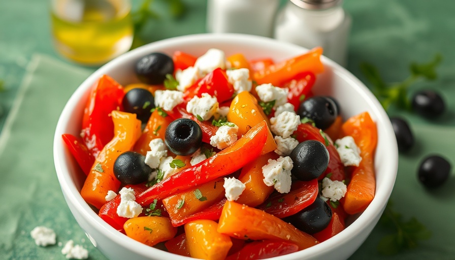 Colorful roasted pepper salad with feta and olives in a white bowl.