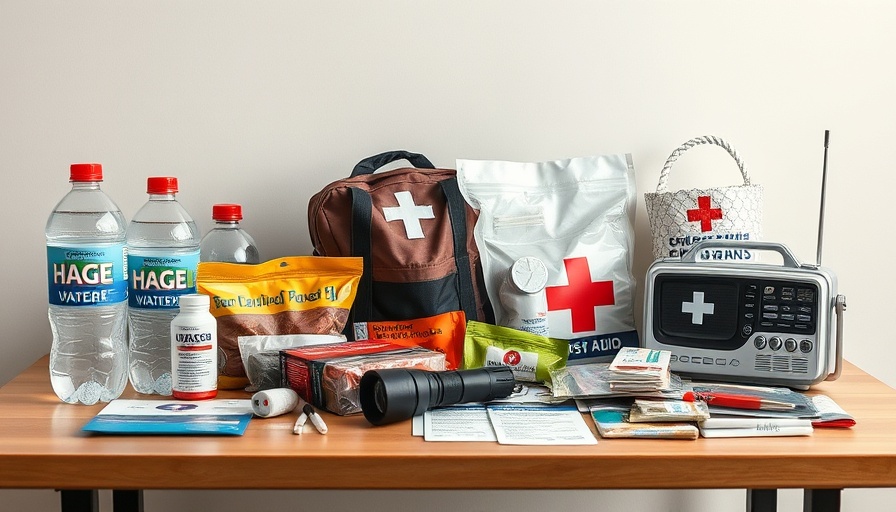 Emergency supplies for climate disaster preparedness neatly arranged.