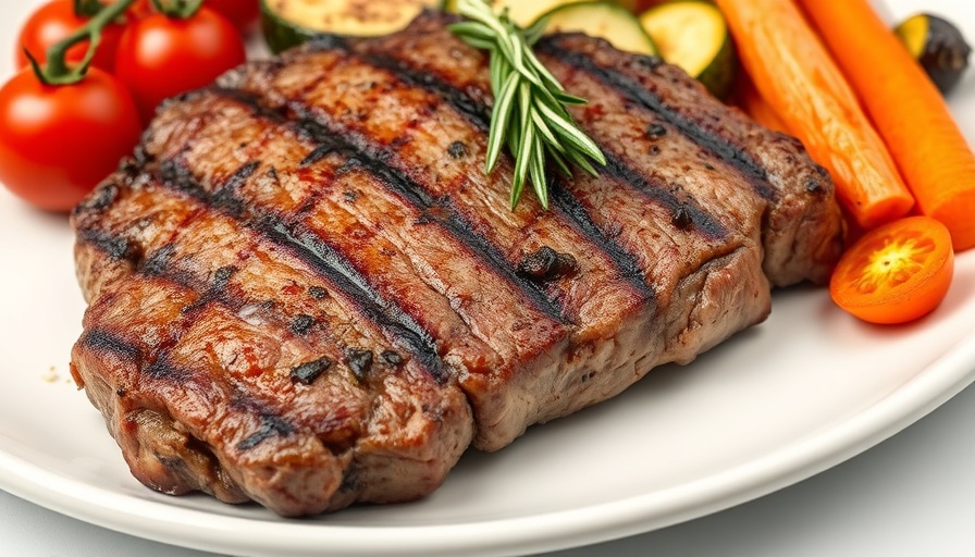 Juicy grilled steak with roasted vegetables for eating animal protein health benefits.