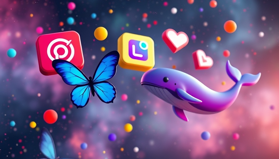 Digital illustration with Bluesky and Mastodon social media logos amid cosmic background.