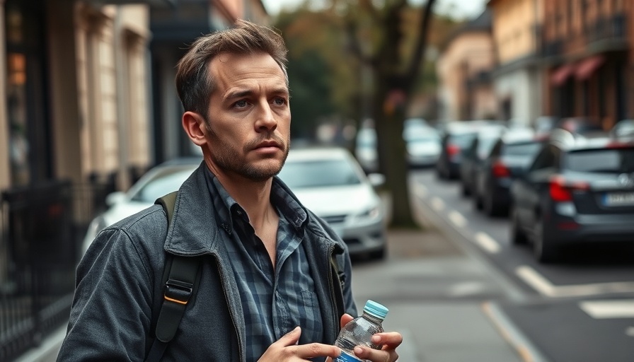 Man considering business ideas using AI technology outdoors.
