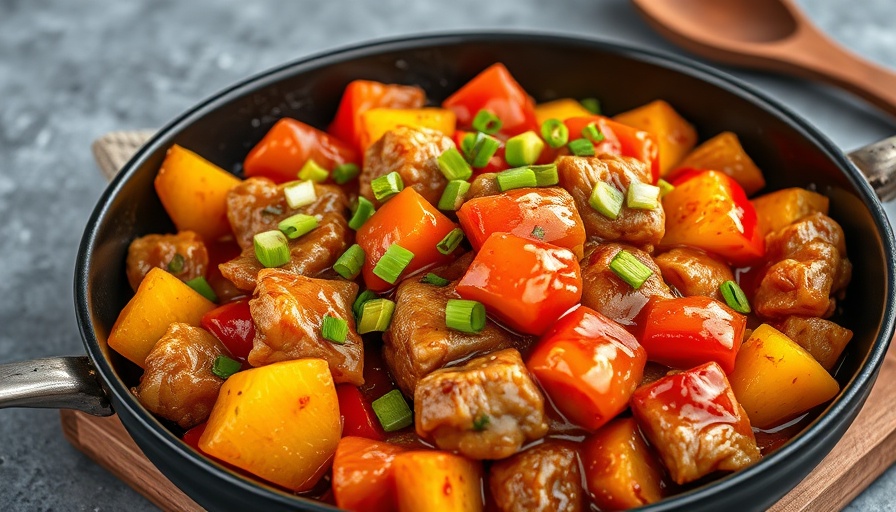 Colorful sweet and sour pork recipe in a skillet, vibrant and mouth-watering.