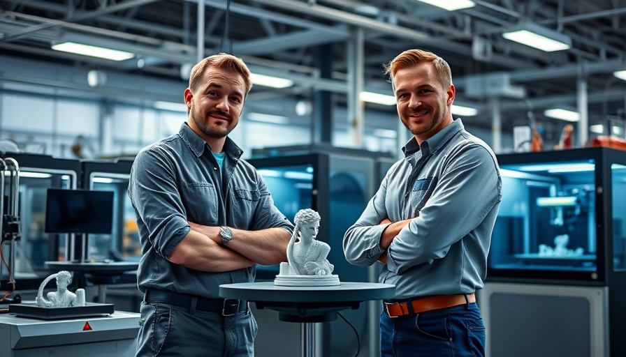 Engineers operating a 3D printing machine in an industrial setting.