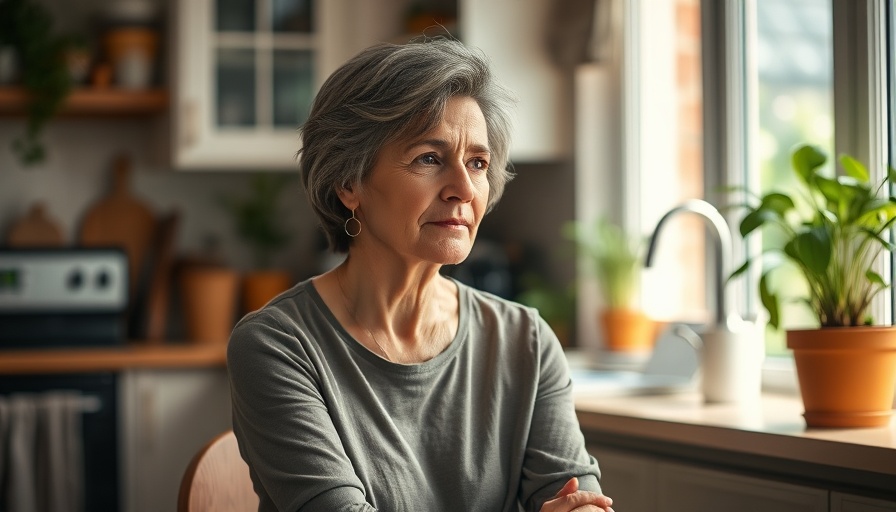 Middle-aged woman pondering dry mouth causes and treatments in kitchen.