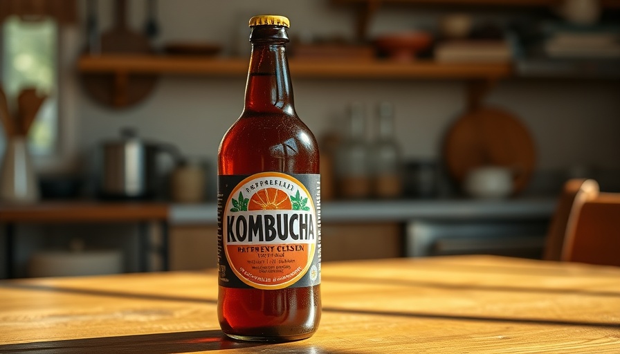 Chilled kombucha bottle on a table, soft sunlight, rustic kitchen.
