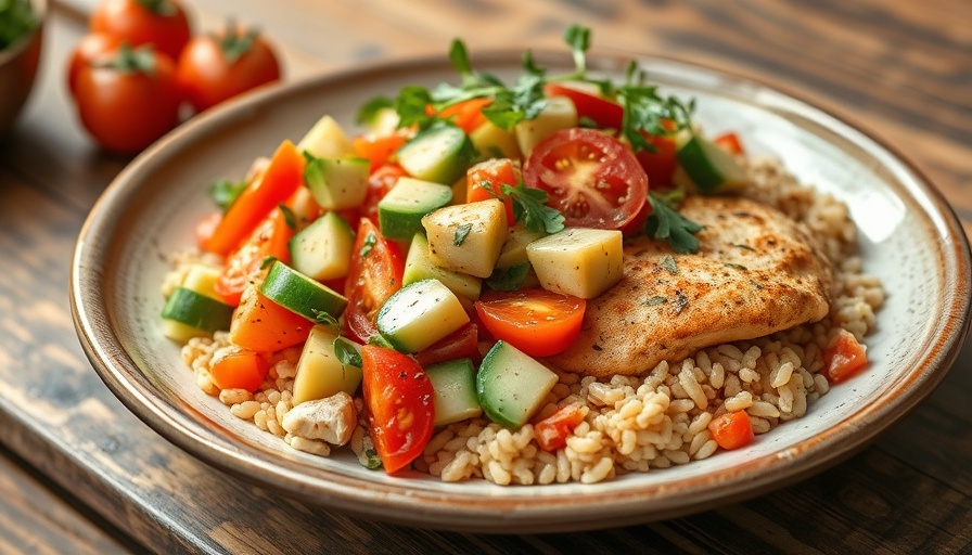 Vibrant Tomato Cucumber Avocado Salad with chicken and orzo.