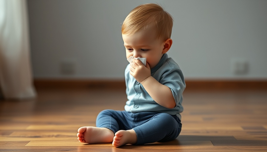 Young child blowing nose with tissue indoors