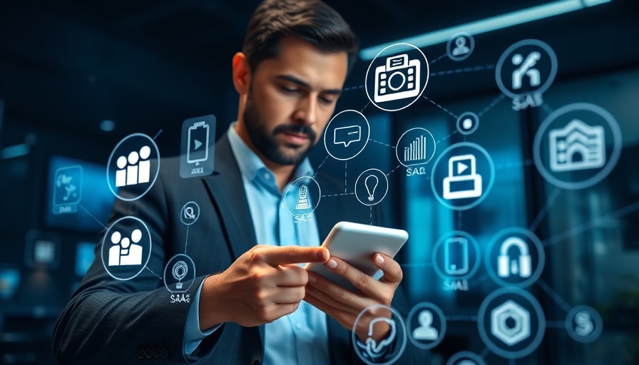 Businessman exploring SaaS icons on smartphone in digital setting.