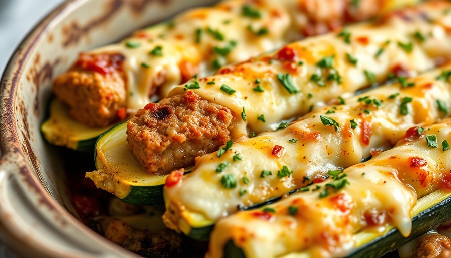 Stuffed Zucchini Boats with Chicken Sausage in a dish.