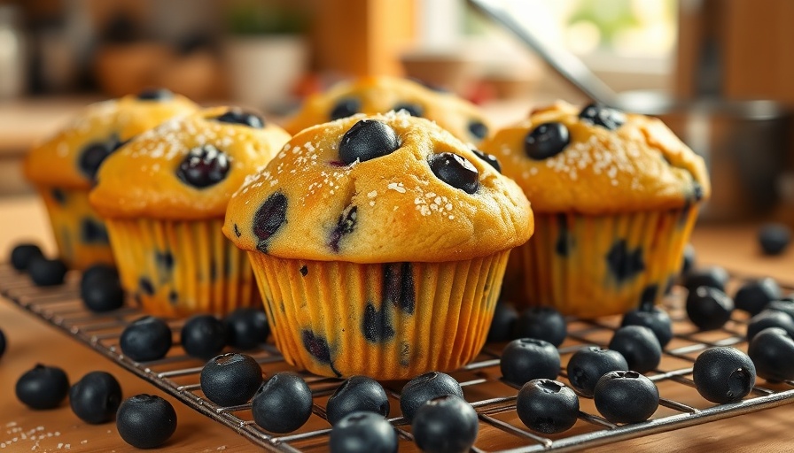 Freshly baked healthy blueberry Greek yogurt muffins with blueberries.